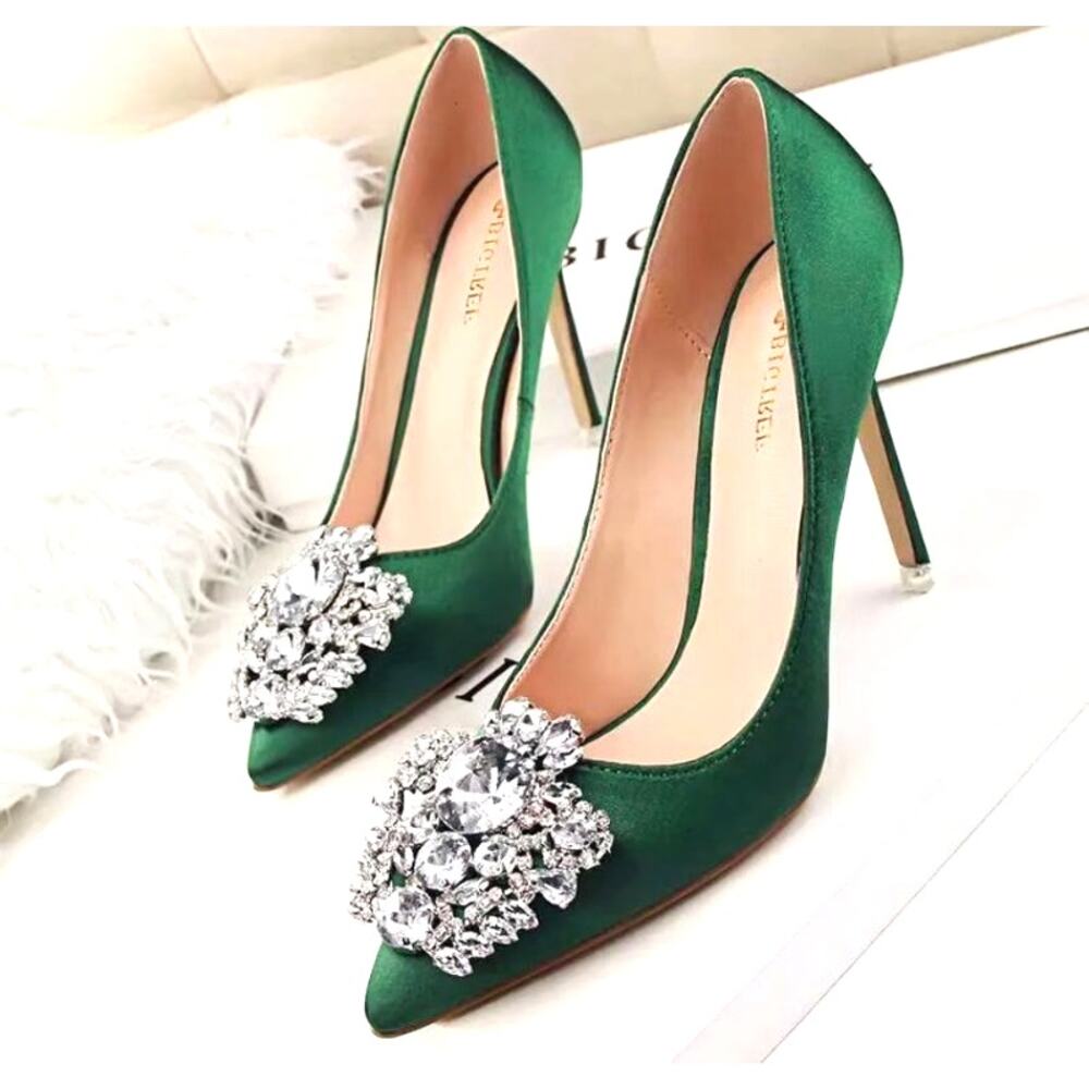 Emerald Green Satin Rhinestone Stiletto Heels - Size 8